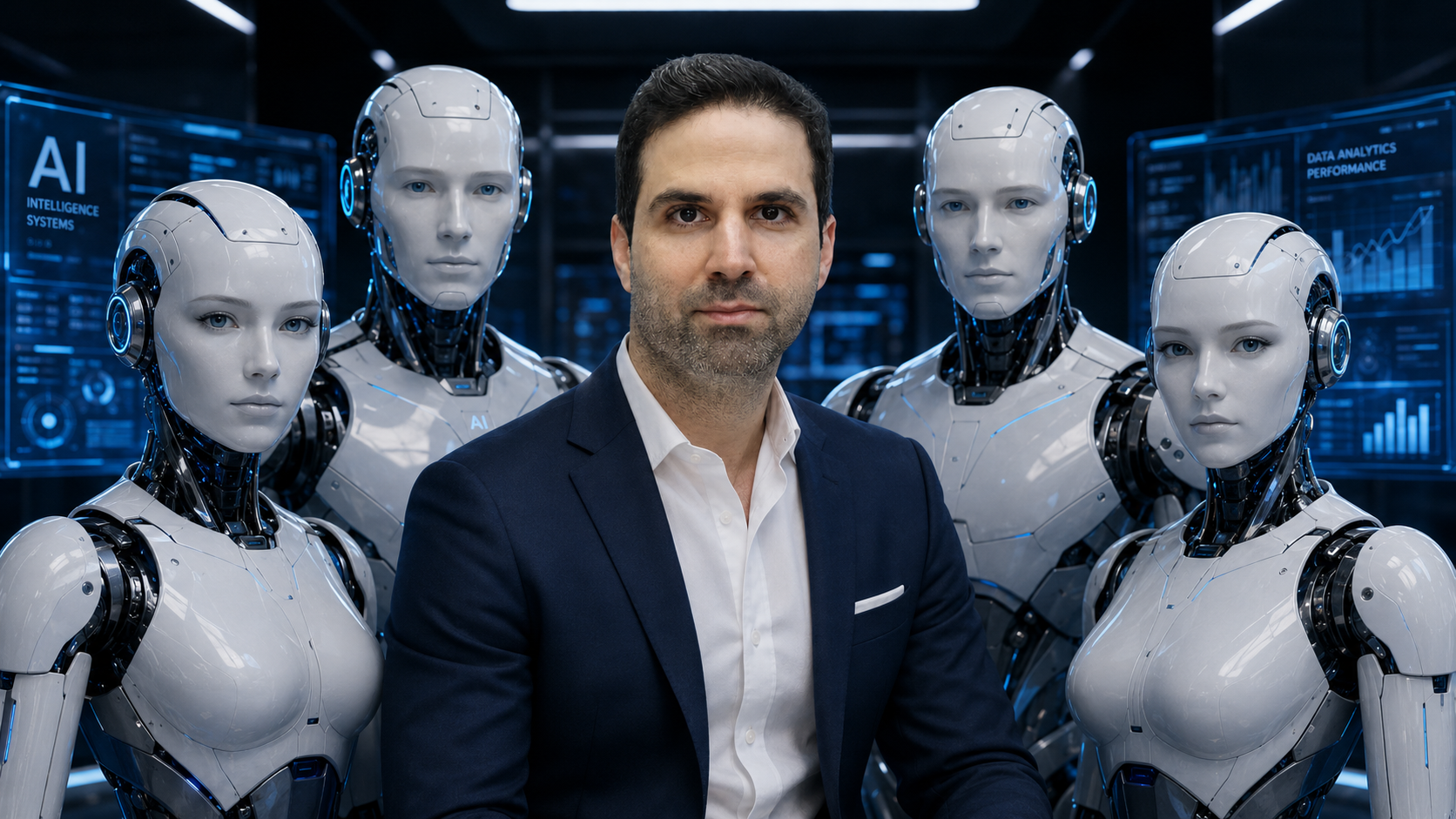 מידן שרביט מוקף רובוטים בסביבת AI
